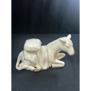 Vintage Porcelain Donkey Figurine  with Gold Accents Lying Down Holiday Lane